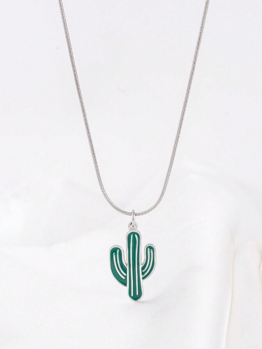 ジュエリー メンズ ネックレス 1個 夏のカジュアルステンレススチール製 18Kゴールドメッキグリーンサボテンペンダントネックレス拍卖