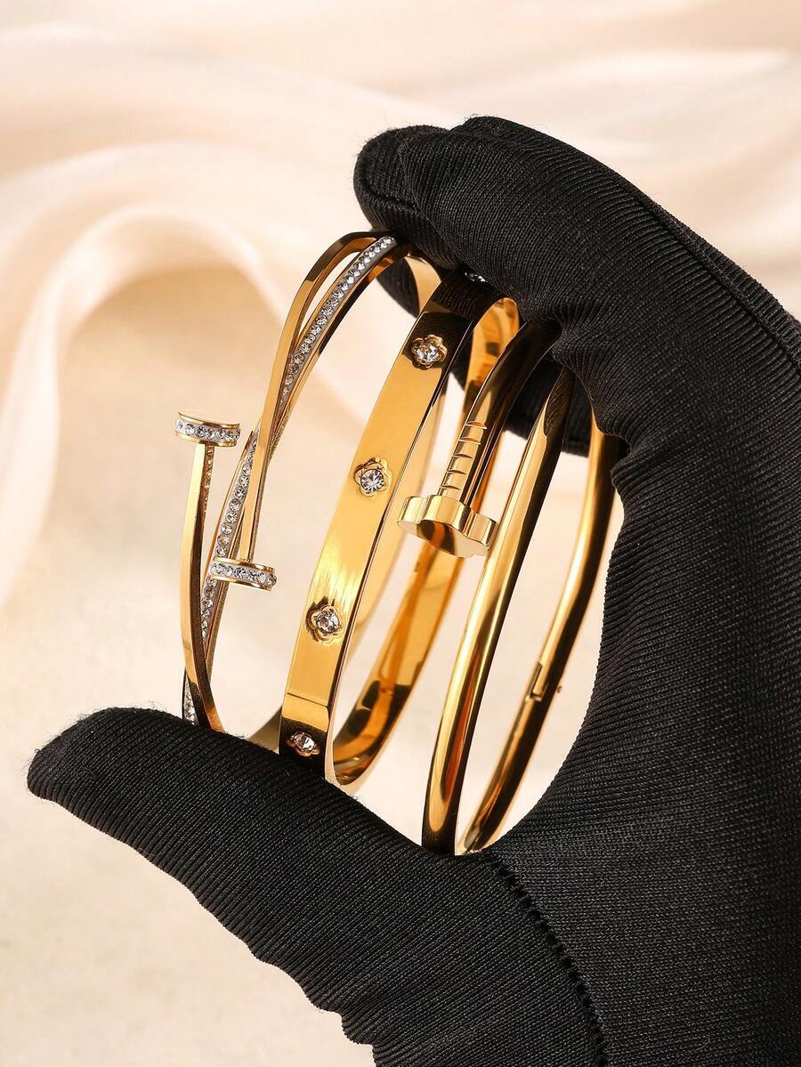 ジュエリー レディース セット ステンレス鋼製ネイルビーズ&4つ葉のクローバー ブレスレットセット 3個、女性の日常着用に適し、ク拍卖