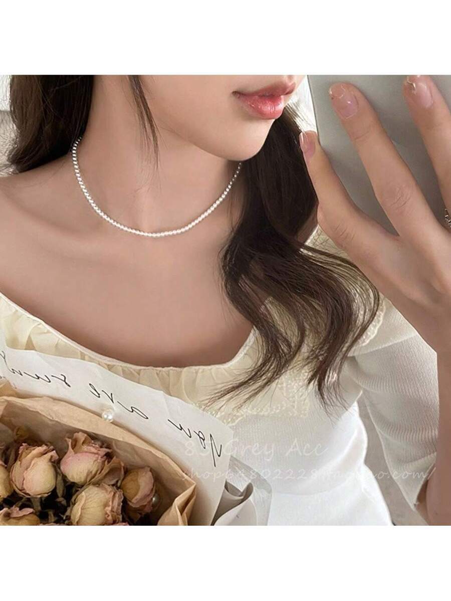 ジュエリー レディース ネックレス ビーズ 女性用フレンチスラッシー フェイクパール ネックレス 1個、ニッチエレガント、多用途鎖拍卖