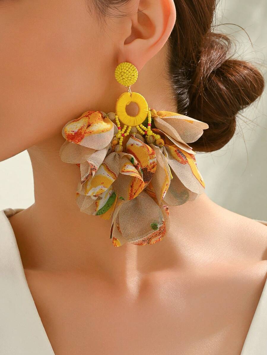 ジュエリー レディース イヤーアクセサリー 1ペア ボヘミアン調 手作り イエロー 布花 ペタル タッセル ピアス レディース パ拍卖