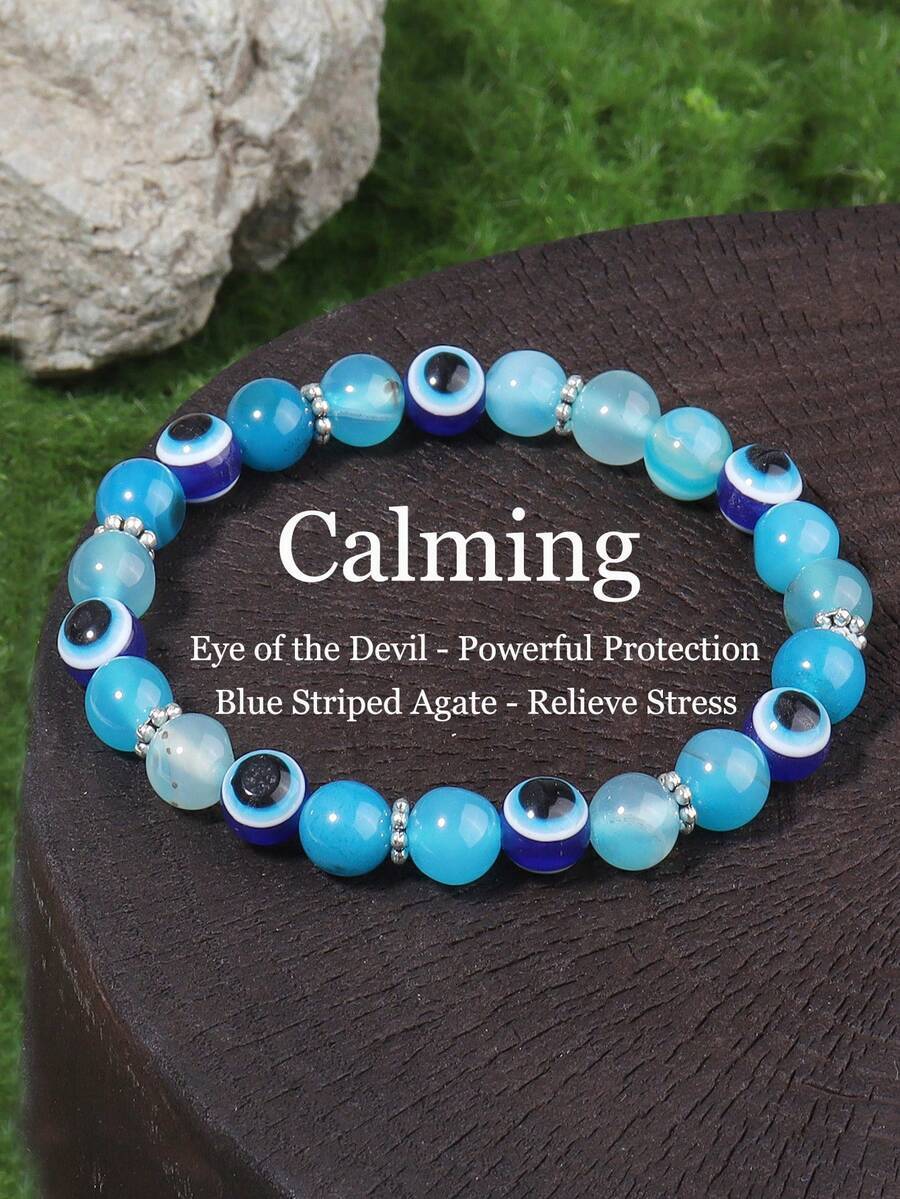 ジュエリー メンズ ブレスレット 邪眼と青ストライプのアゲートジェムストーンブレスレット、青い水晶の護符ブレスレット、穏やかさ、ヒ拍卖