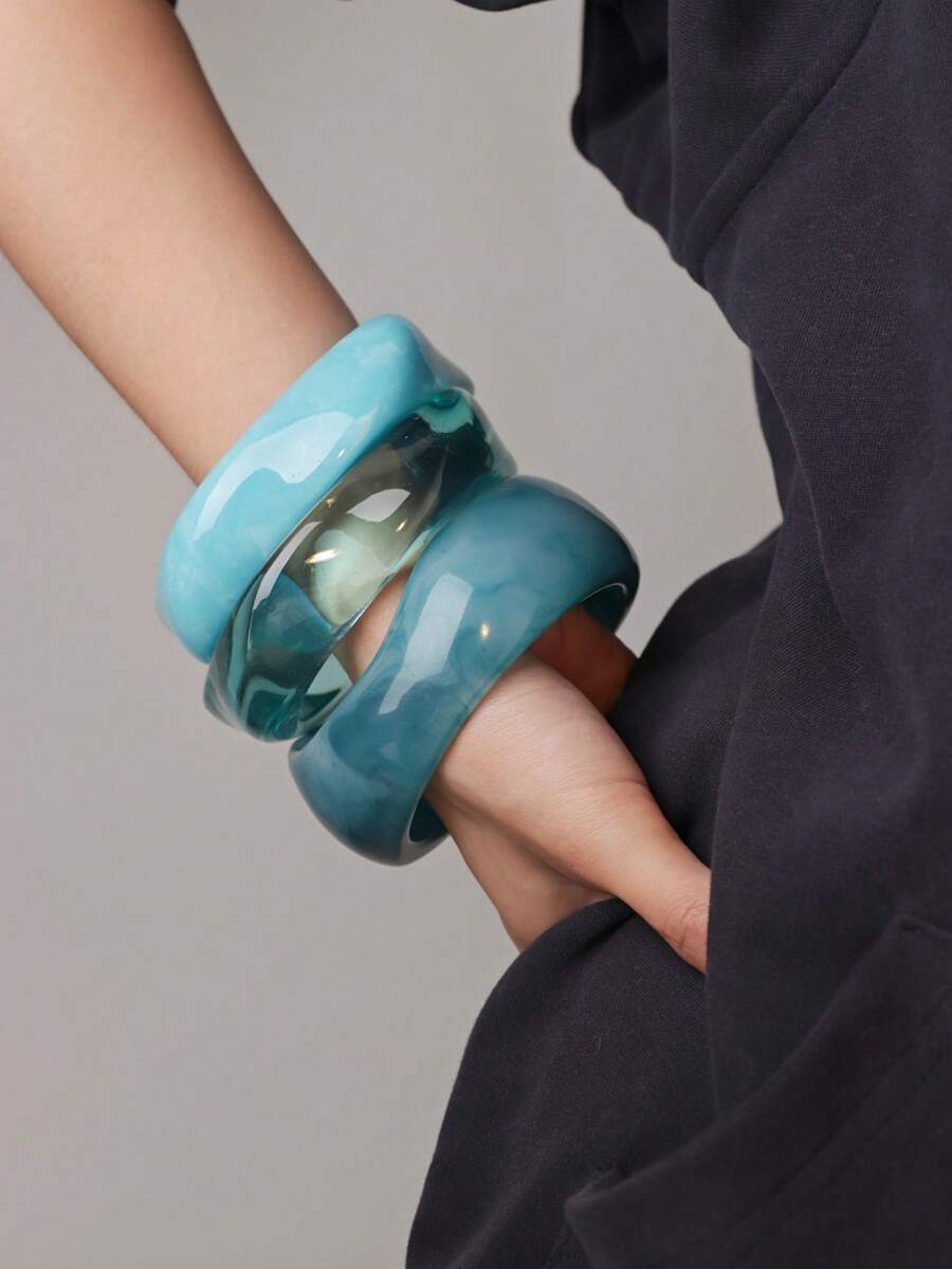 ジュエリー レディース ブレスレット バングル ブルートーン アクリルブレスレットセット3点入り、洗練された ミニマリストスタイル拍卖