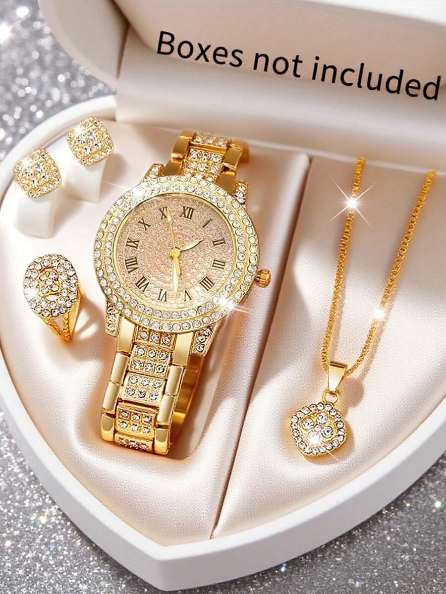 腕時計 レディース セット 女性用クォーツ腕時計セット 6個入り、ローマ数字ダイヤル、ネックレス、リング、ピアス、ブレスレットなど拍卖