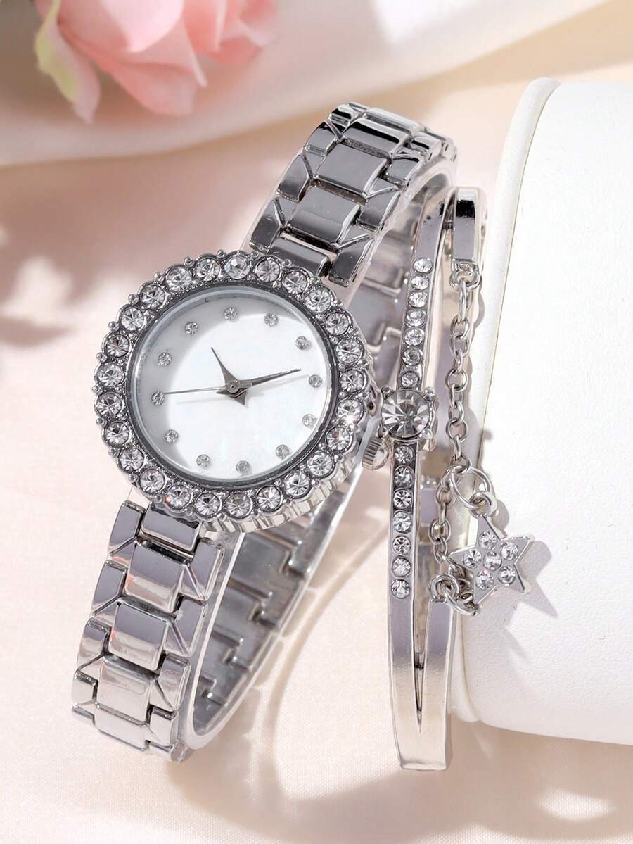 腕時計 レディース セット 2個 ファッショナブルで優雅な女性用腕時計、ラウンド合金ダイヤル ラインストーンスケール、ラインストー拍卖