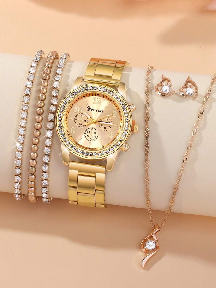 腕時計 レディース セット 7個セット シンプルでエレガントな女性用合金製腕時計、ファッショナブルでゴージャス、丸型ダイヤルにバー拍卖