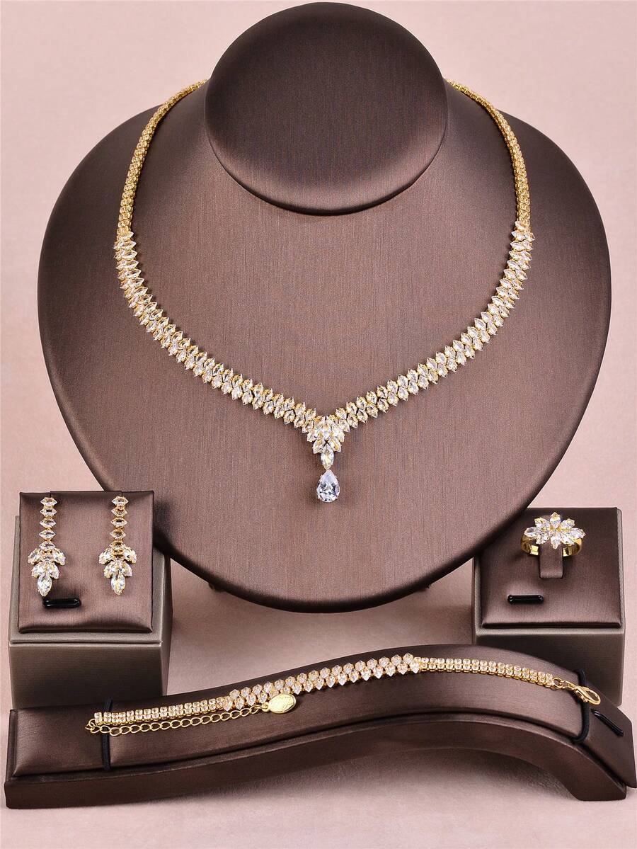 ジュエリー レディース セット 女性用ラグジュアリーファッション ゴールドカラー ティアドロップジルコニアネックレス タッセル付き拍卖