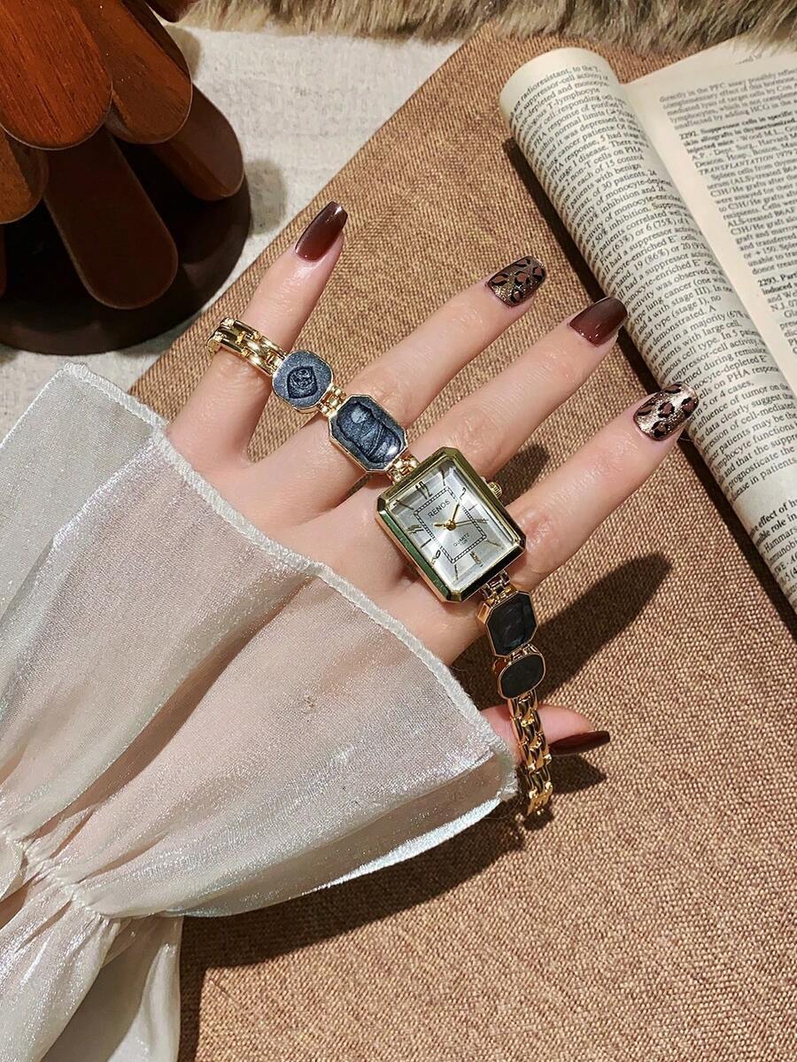 腕時計 レディース クォーツ 1個 レディース ゴールド合金 非対称デザイン ブレスレット ウォッチ、ファッション アラビア数字ダ拍卖