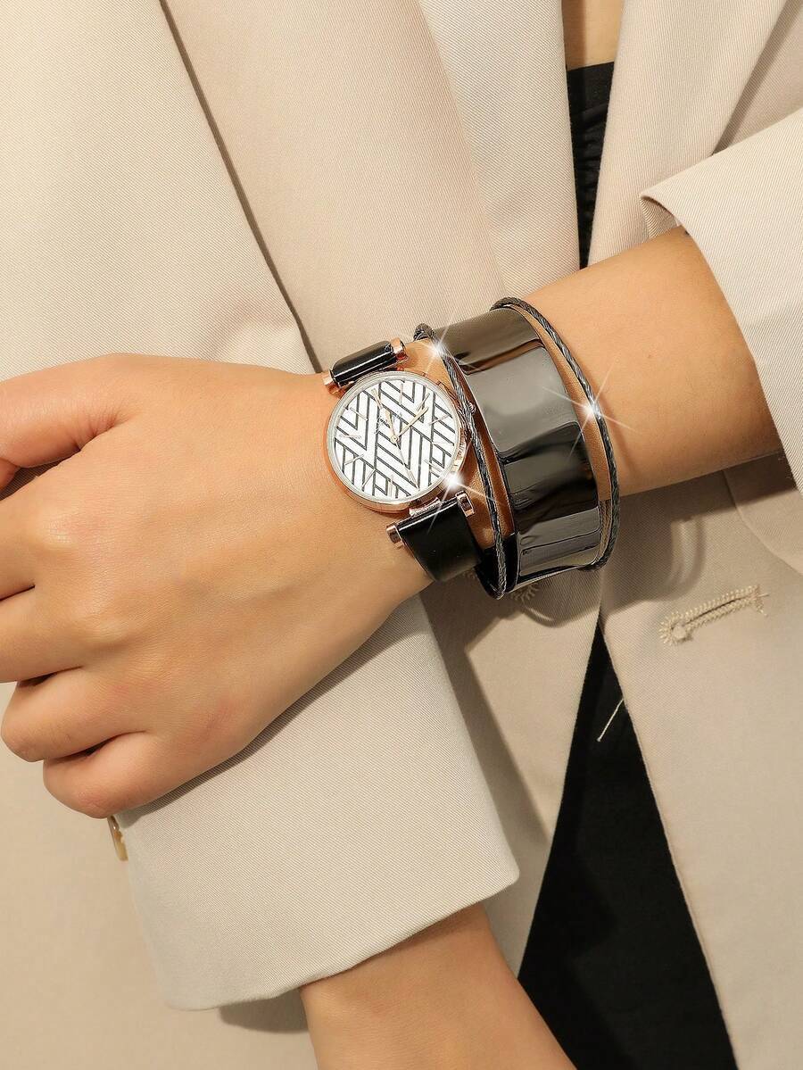 腕時計 レディース セット 2個セット レディース エレガントファッション腕時計&ブレスレット、クラシックブラック&ゴールドダイヤ拍卖