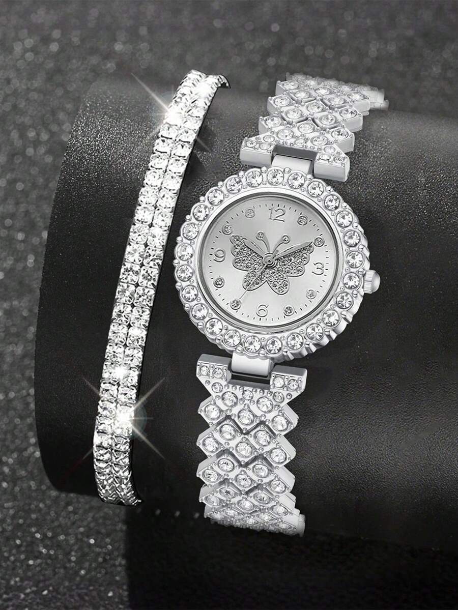 腕時計 レディース セット 3個セット シルバー合金バンド レディース腕時計セット、ファッショナブルなラインストーン蝶モチーフダイ拍卖