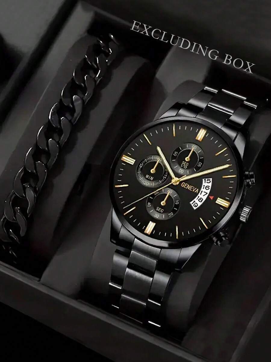 腕時計 メンズ セット 2個セット ファッショナブルなビジネスメンズ腕時計、多用途なラウンド型ビジネスカレンダー付き鋼製ストラップ拍卖