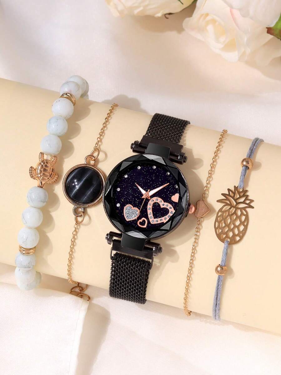 腕時計 レディース セット 5個セット ファッション スラウジー マグネタイト クォーツ 腕時計、丸型合金ダイヤル アラビア数字ス拍卖