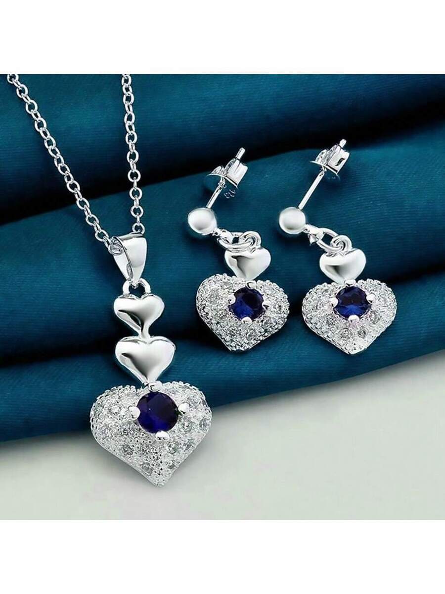 ジュエリー レディース セット 2個セット 925スターリングシルバー 青ジルコニア ハート デザイン ネックレス&ピアス セット拍卖