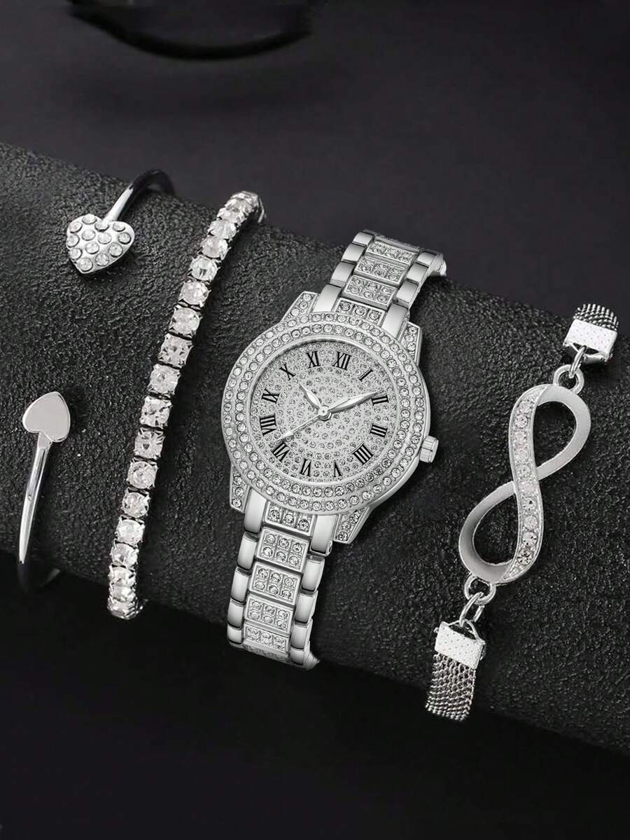 腕時計 レディース セット 4個セット シルバーメタルバンド 高級レディース腕時計 ファッショナブルなラインストーン ローマ数字ダ拍卖