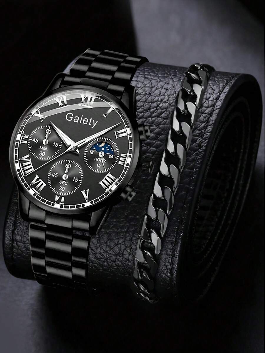 腕時計 メンズ セット 2個セット ビジネスファッション メンズ腕時計 ブラックメタルバンド ローマ数字ダイヤル クォーツ腕時計拍卖