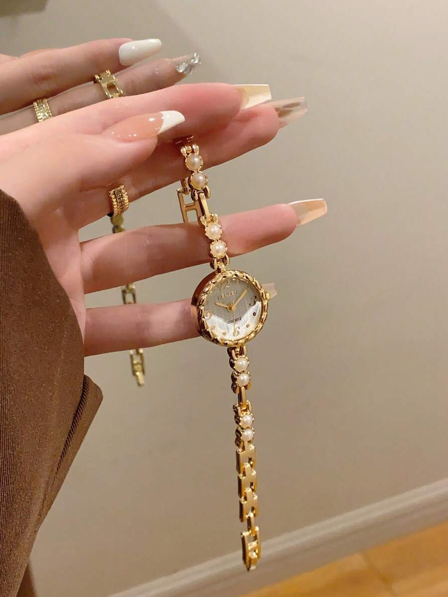 腕時計 レディース クォーツ 1個 新作ピンク/ホワイトビーズブレスレット風レディース腕時計、かわいい楕円形レディースブレスレット拍卖