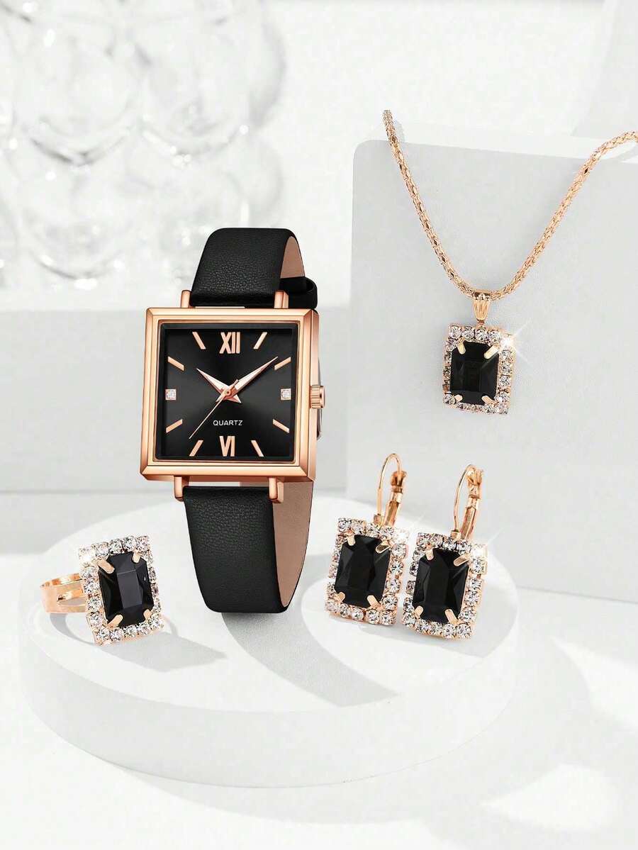 腕時計 レディース セット 5個セット ブラックPUレザーバンド エレガントな女性用腕時計 シンプルな長方形ダイヤル クォーツ腕時拍卖
