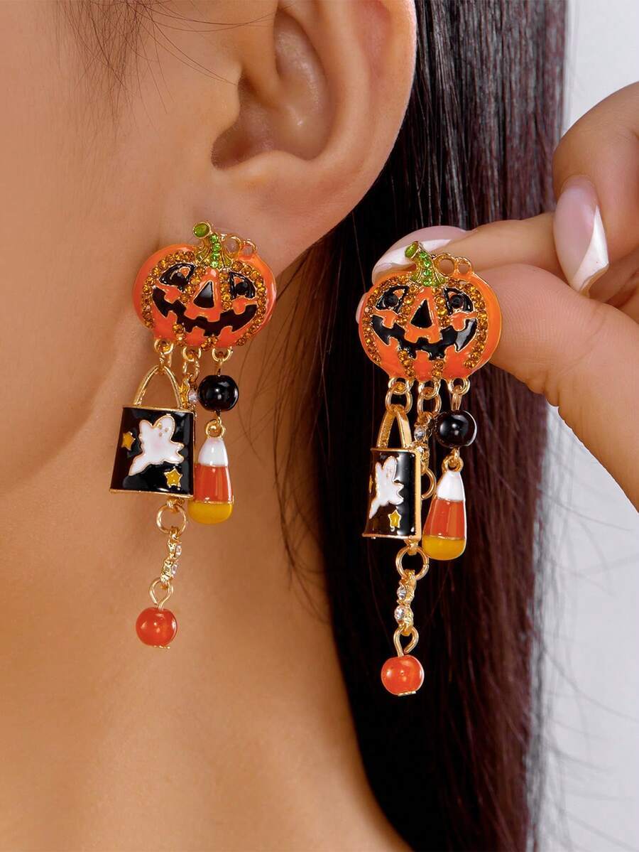 ジュエリー レディース イヤーアクセサリー 2個セット ハロウィン リンストーン カボチャ&ゴースト タッセルピアス拍卖
