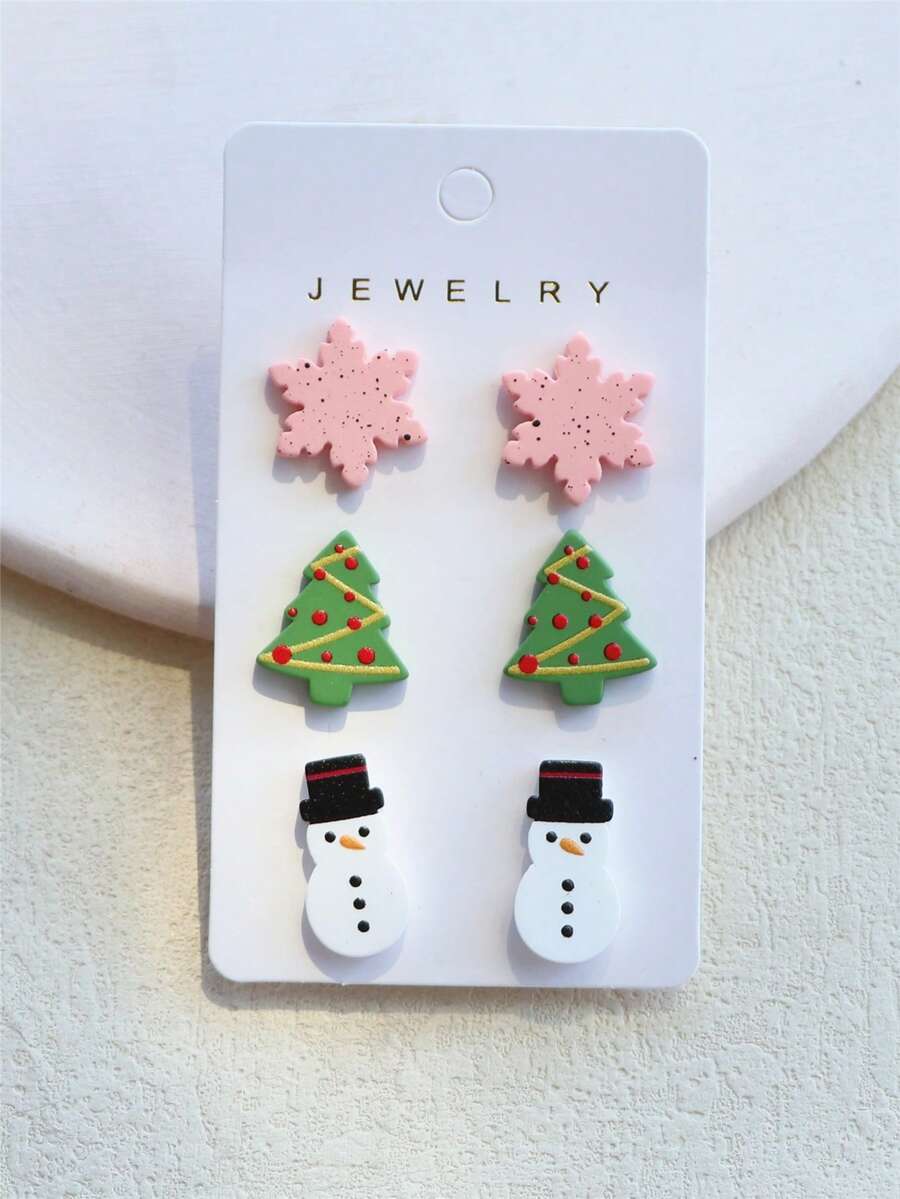 ジュエリー レディース イヤーアクセサリー 3ペア/セット レディース クリスマス ピンク雪の結晶、クリスマスツリー、雪だるまプリ拍卖