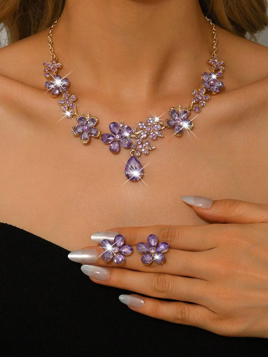 ジュエリー レディース セット 2個セット ラグジュアリー ラインストーンジュエリーセット、ネックレスとピアス、ブルーとレッドの色拍卖