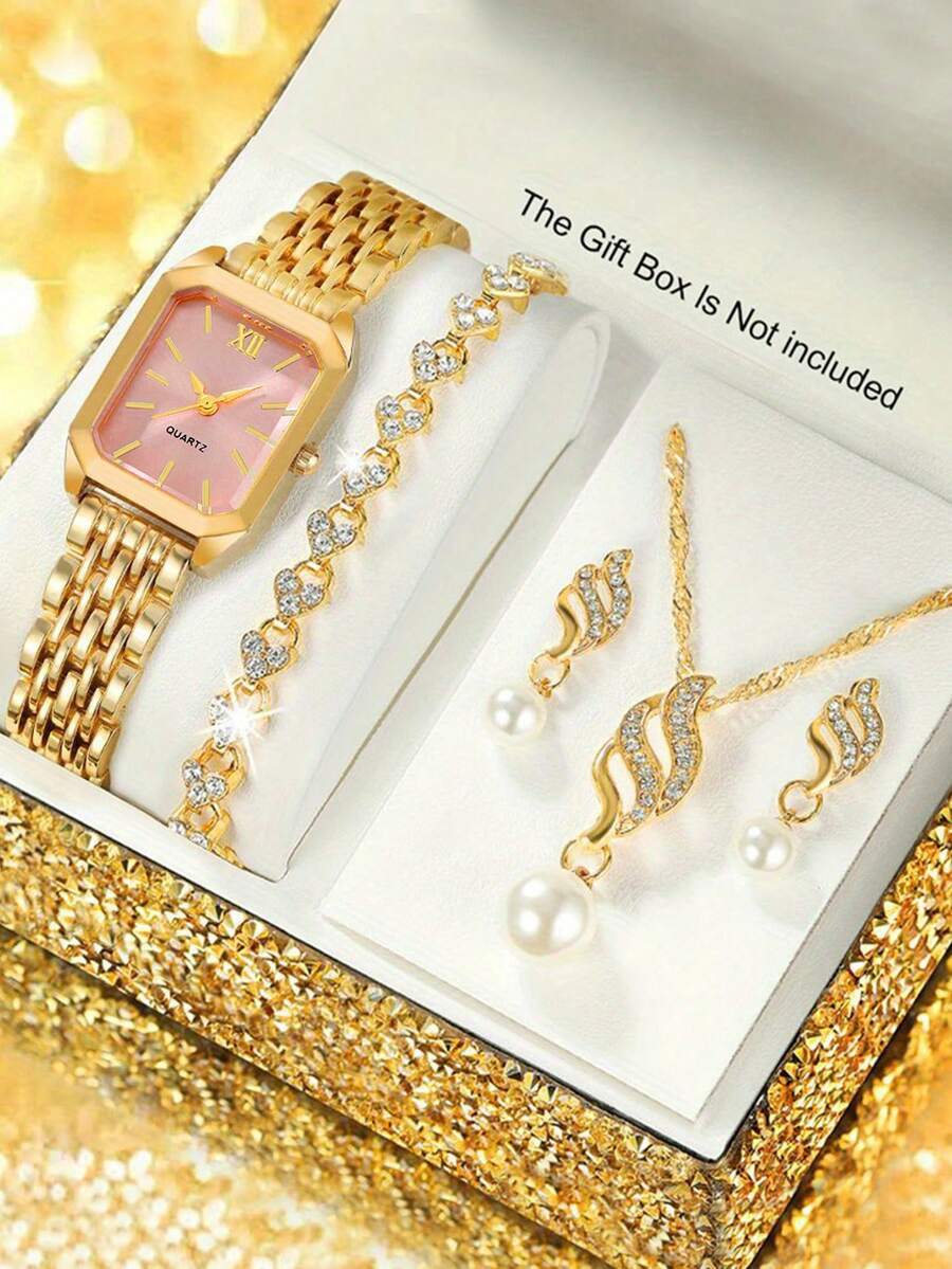 腕時計 レディース セット 5個セット エレガントな石英レディース腕時計、バー型合金長方形ダイヤル、贅沢で快適なストラップ、真珠と拍卖