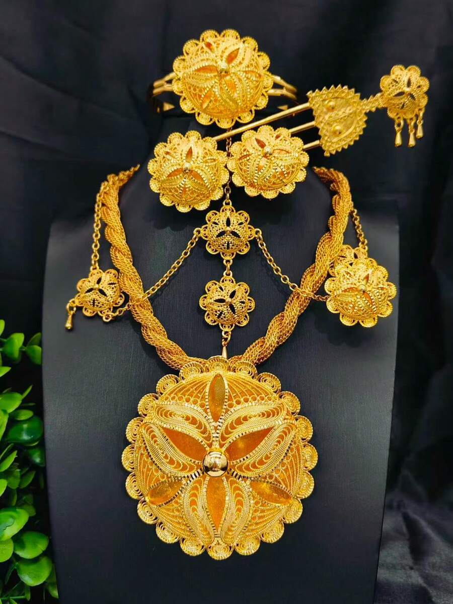 ジュエリー レディース セット 1個ネックレス、1ペアピアス、1個ブレスレット、1個リング、1個ヘアクリップ、1個ヘアチェーン、花拍卖