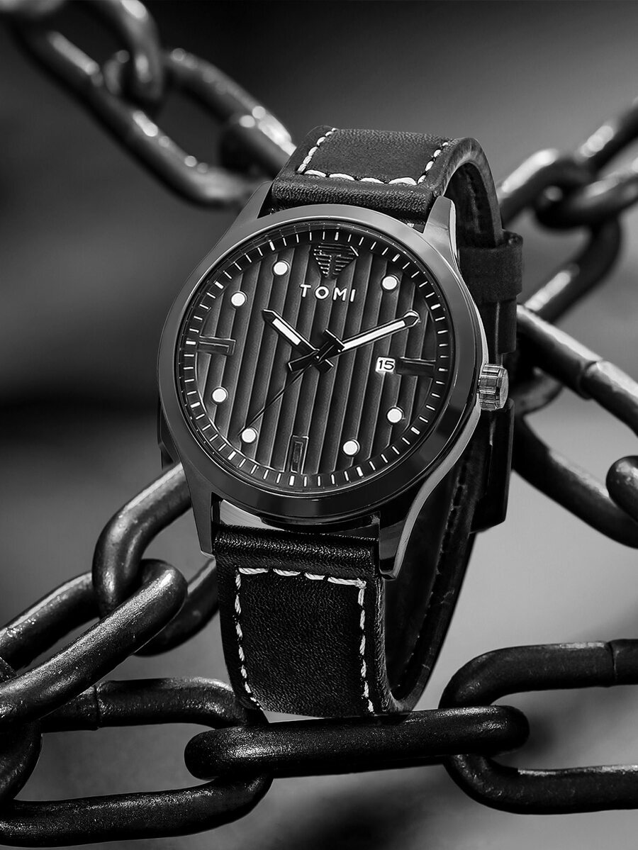 腕時計 メンズ クォーツ 1個 ボックス入り メンズファッション ハイエンド 縦縞ダイアル カレンダー レザーストラップ 腕時計、拍卖