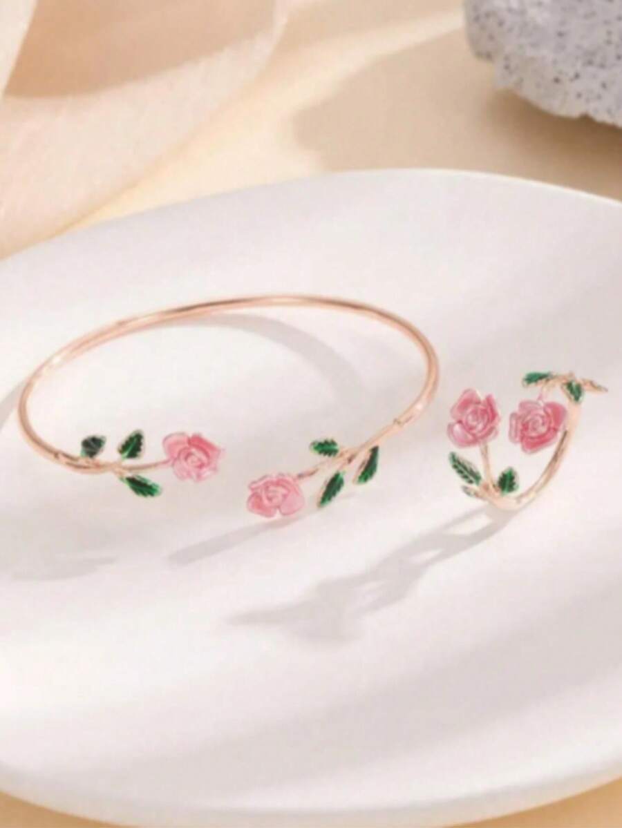 ジュエリー レディース セット 2個セット デリケートなローズブレスレットとリング拍卖