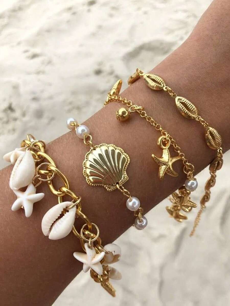 ジュエリー レディース ブレスレット セット ボヘミアン調 シェル、ヒトデ、模造真珠 装飾 マルチレイヤーブレスレットセット4個入拍卖