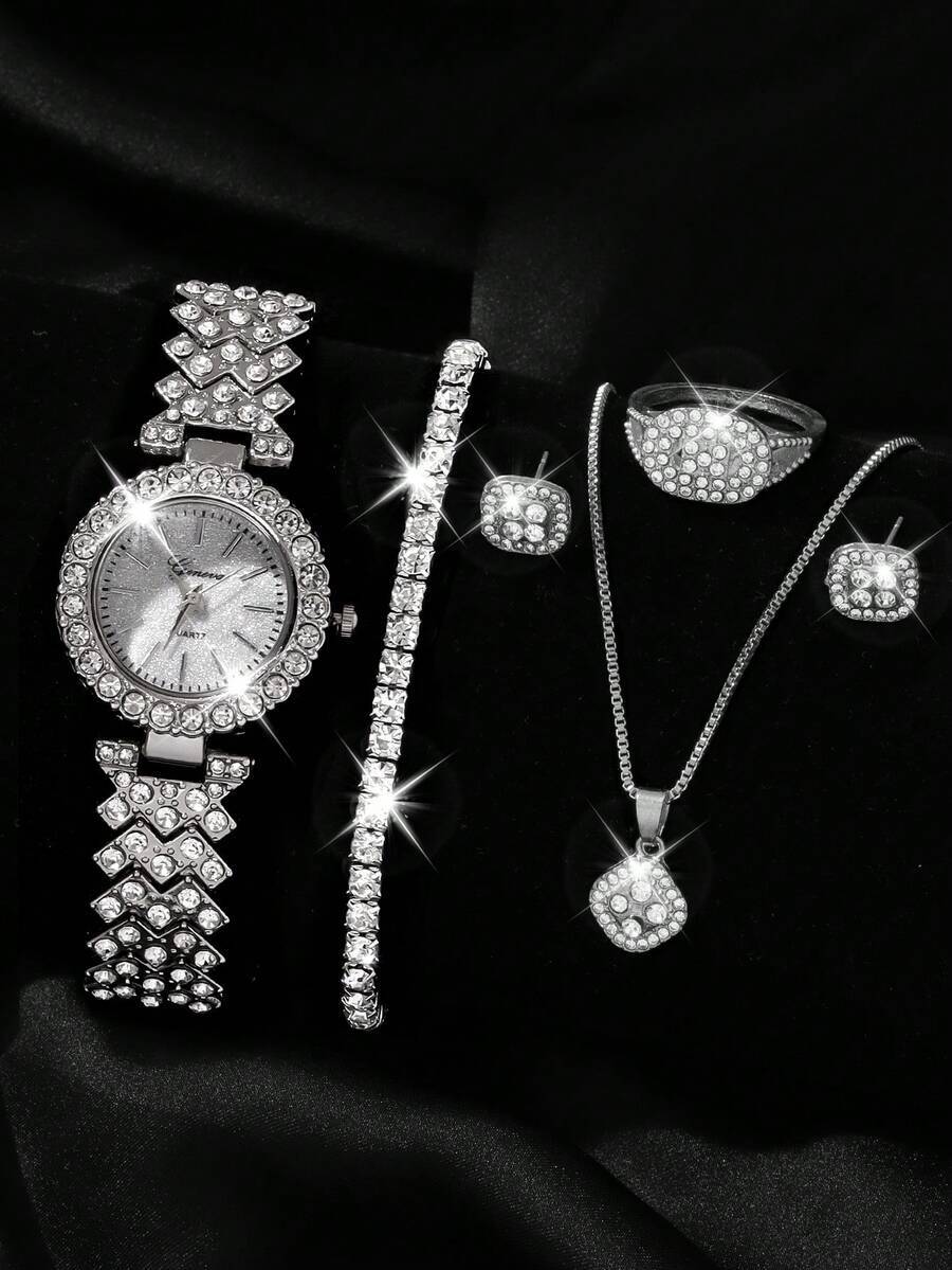 腕時計 レディース セット 高級レディース腕時計6点セット、ブラック光沢ダイヤル、ニッチスケール、リングイヤリング、ブレスレットネ拍卖