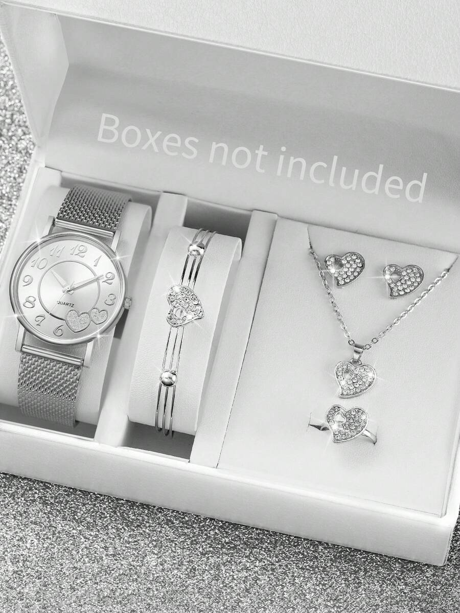 腕時計 レディース セット 女性用ギフトウォッチ 6個セット プラスチックメッシュベルト、ファッション数字ハート型ダイヤル、クラシ拍卖