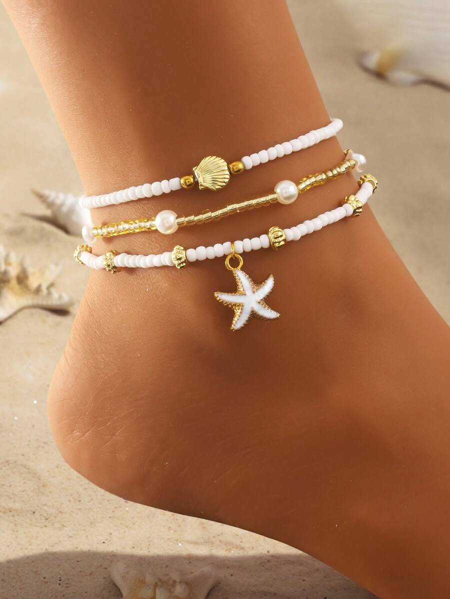 ジュエリー レディース フットアクセサリー 3個セット サマーオーシャン スターフィッシュ&貝殻型ペンダントアンクレット、ボヘミア拍卖