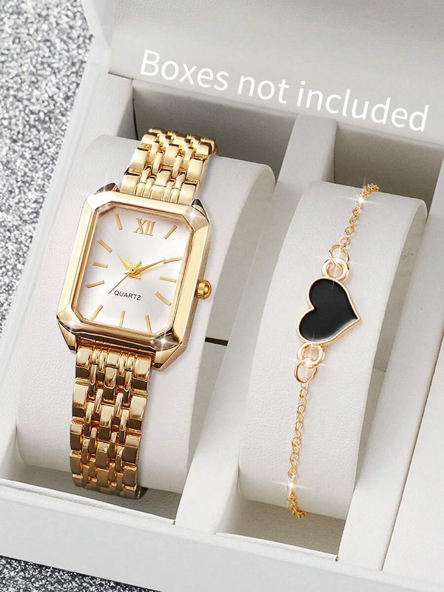 腕時計 レディース セット 2個セット レディース腕時計 - ステンレスバンド、スクエアダイアル、ローマ数字、エレガントクォーツ腕拍卖