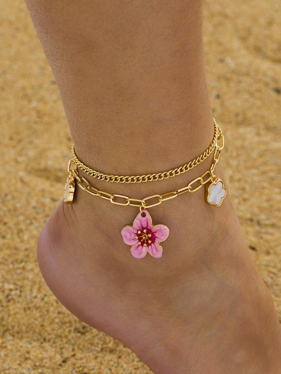 ジュエリー レディース フットアクセサリー 1個 夏休み エレガントな手作り タイダイ ピンク5枚弁の花 & 白5枚のクローバー拍卖