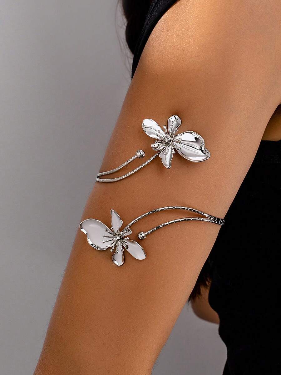 ジュエリー レディース ブレスレット バングル 1個 合金製 2頭の銀の花模様オープンワークバングル、シンプルで優雅なファッション拍卖