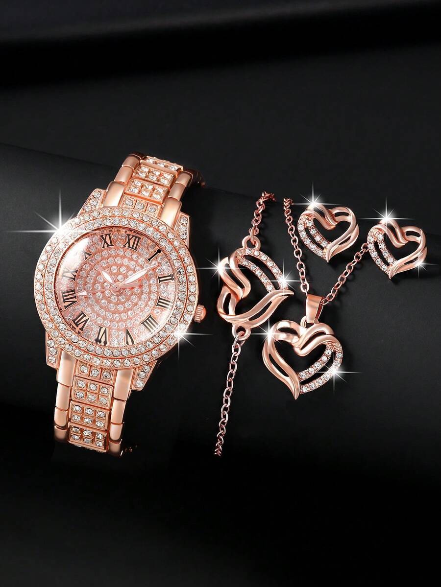 腕時計 レディース セット レディース腕時計ジンクアロイストラップ、ラインストーンデコレーション、丸型ダイヤル クォーツ腕時計 &拍卖