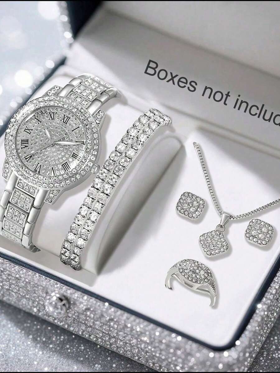 腕時計 レディース セット 女性用クォーツ腕時計セット 6点 ローマ数字ダイヤル合金製、ネックレス、リング、ピアス、ブレスレットな拍卖