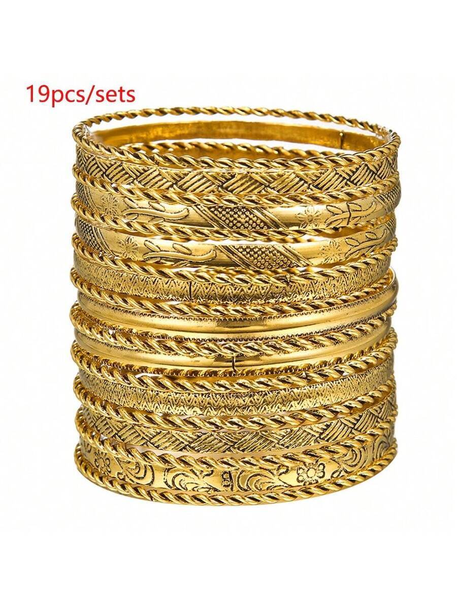 ジュエリー レディース ブレスレット バングル ミニマリストデザイン 幾何学柄 ホロー編み込み ブレスレットセット 19個入り拍卖