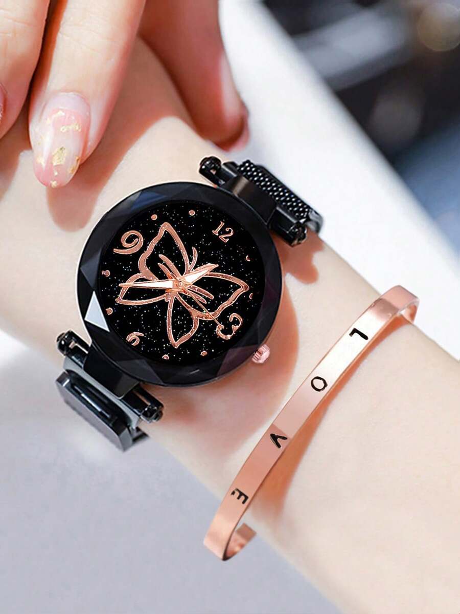 腕時計 レディース セット 2個 スタイリッシュなミニマリストマルチファンクション腕時計、蝶柄合金ダイヤル、メッシュバンド、アラビ拍卖