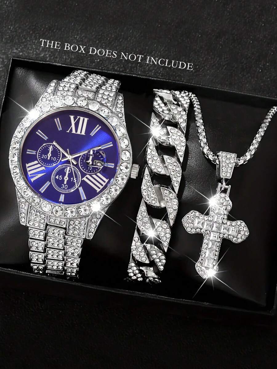 腕時計 メンズ セット 3個 ファッショナブルでラグジュアリーな フル ダイヤモンド メンズクォーツ腕時計、丸型ダイヤル インレイ拍卖