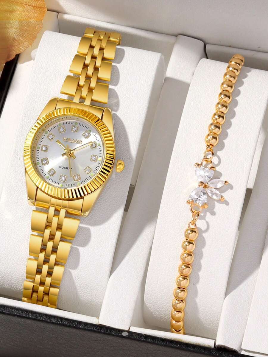 腕時計 レディース セット 2個 エレガントシンプル クォーツ腕時計、樽型ダイヤル ラインストーンスケール、合金ストラップ、リボン拍卖