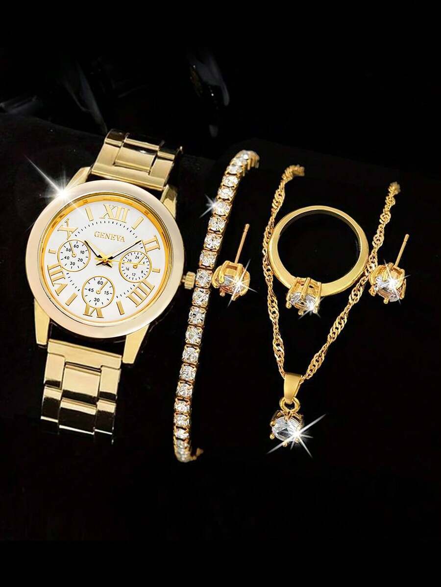 腕時計 レディース セット 6点セット シンプルでエレガントな丸型レディース クォーツ腕時計、ストラップ、ブレスレット、リング、ス拍卖