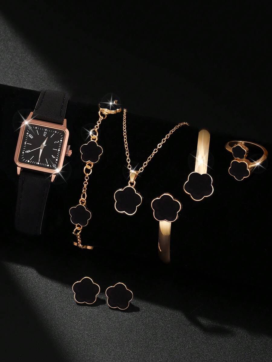 腕時計 レディース セット 7点セット ファッション ブラック 星空 クォーツ デジタル 腕時計、6点セット ラッキーフラワー ネ拍卖