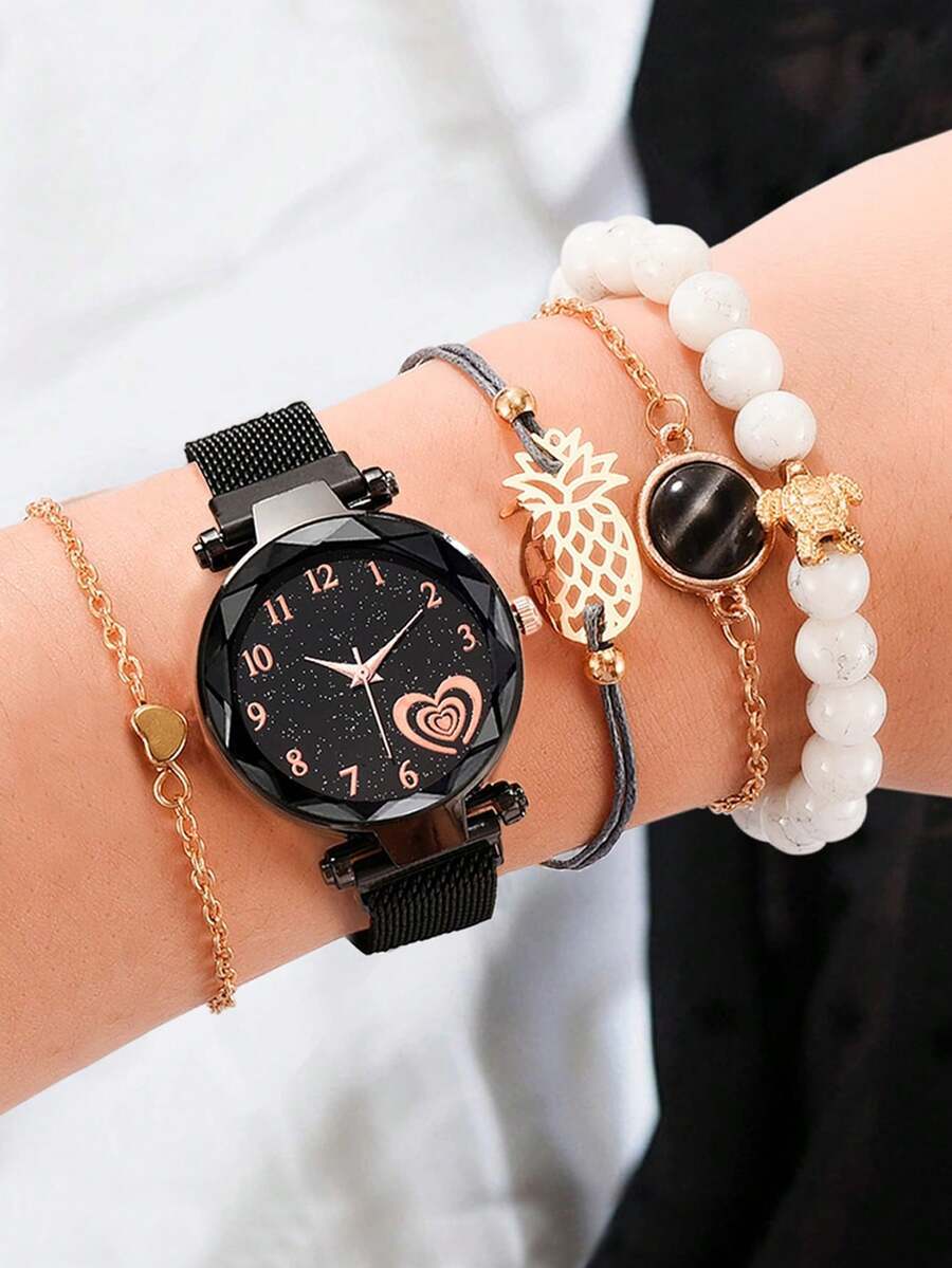 腕時計 レディース セット 5個セット ファッション スラウジー マグネタイト クォーツ 腕時計、丸型合金ダイヤル アラビア数字ス拍卖