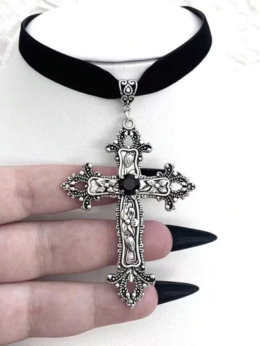 ジュエリー レディース ネックレス ペンダント パンク ゴシック ブラック ジェムストーン クロス ベルベット チョーカー ネック拍卖