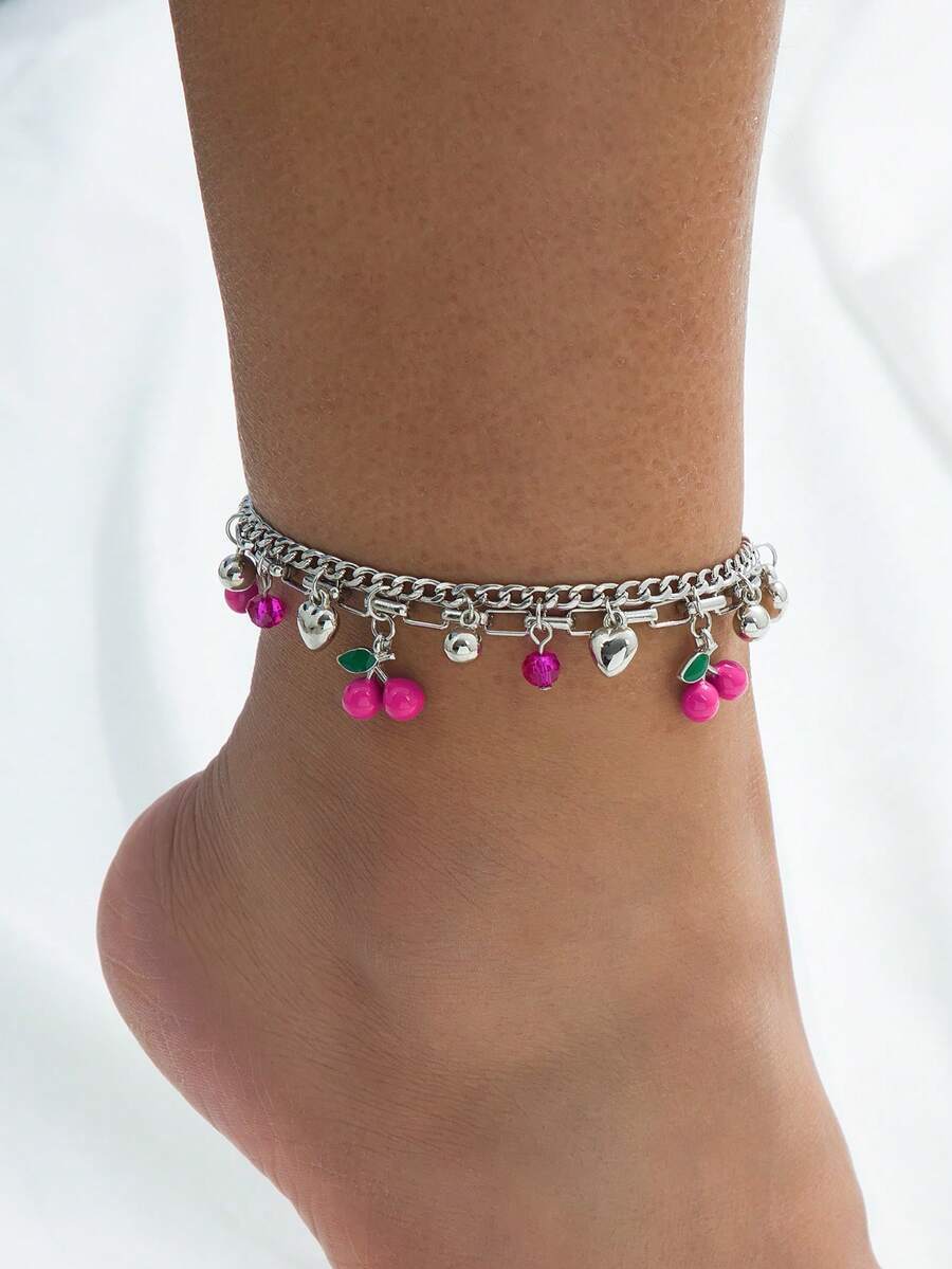 ジュエリー レディース フットアクセサリー 1個 非対称シェルアンクレット レディース、鮮やかなレッドチェリー&アップルチャーム付拍卖