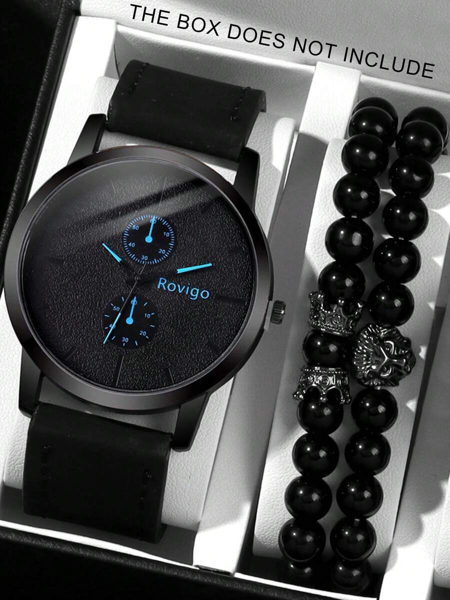 腕時計 メンズ セット 3個セット シンプルカジュアル メンズクォーツ腕時計、丸型ダイヤル バースケール、PUレザーストラップ、ラ拍卖