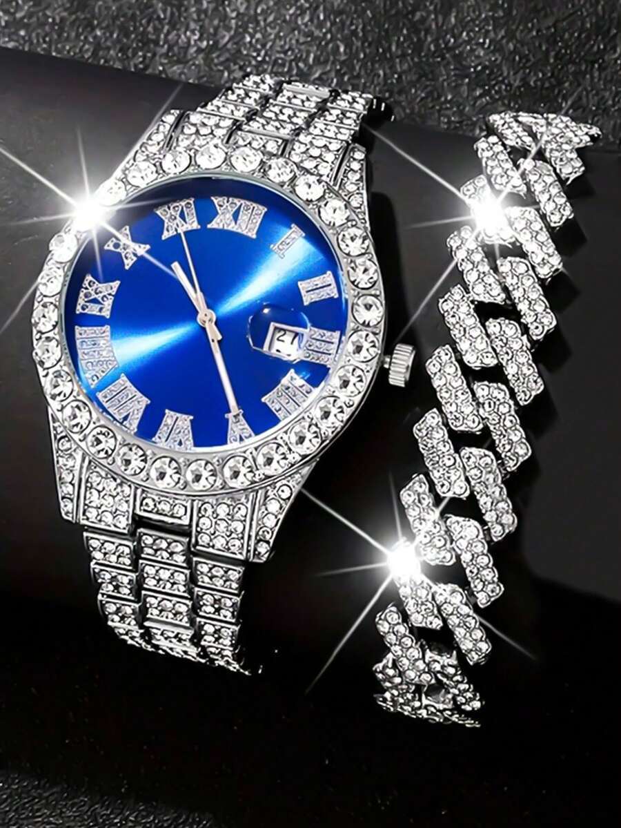 腕時計 メンズ セット 2個 ファッション男の子用クォーツ腕時計、ラウンドダイヤル ラインストーン入りローマ数字、合金ストラップ拍卖