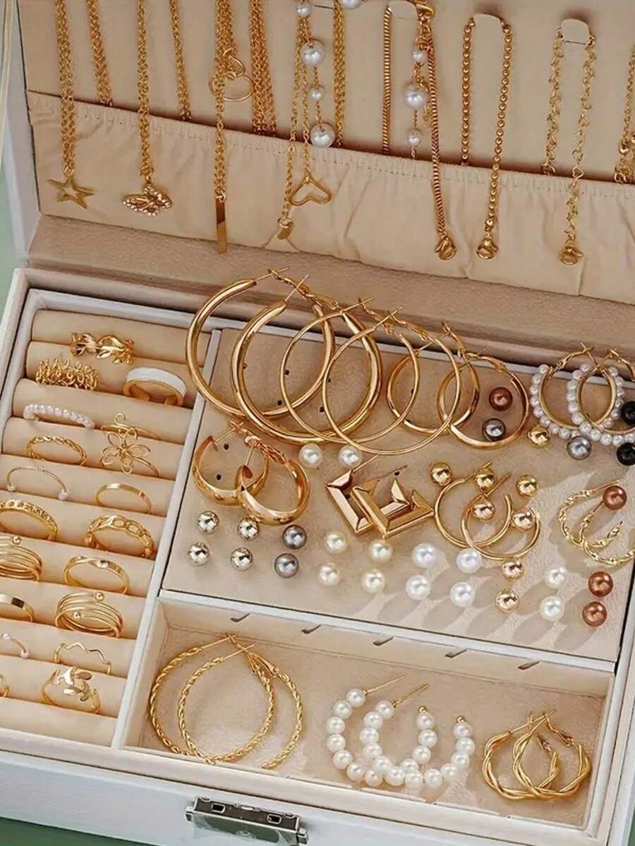 ジュエリー レディース セット 86個セット エレガントな人工真珠ピアス、マルチレイヤーネックレス、ピアス、リング 4in1ジュエ拍卖