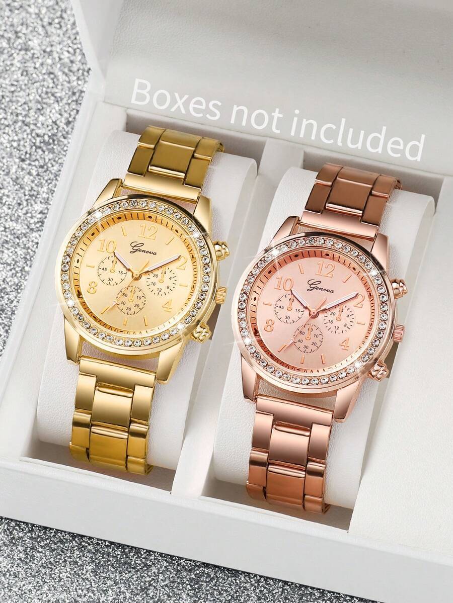 腕時計 レディース セット 2個セット レディースファッション ラインストーン装飾 3針 数字ダイヤル クォーツ腕時計 ステンレス拍卖