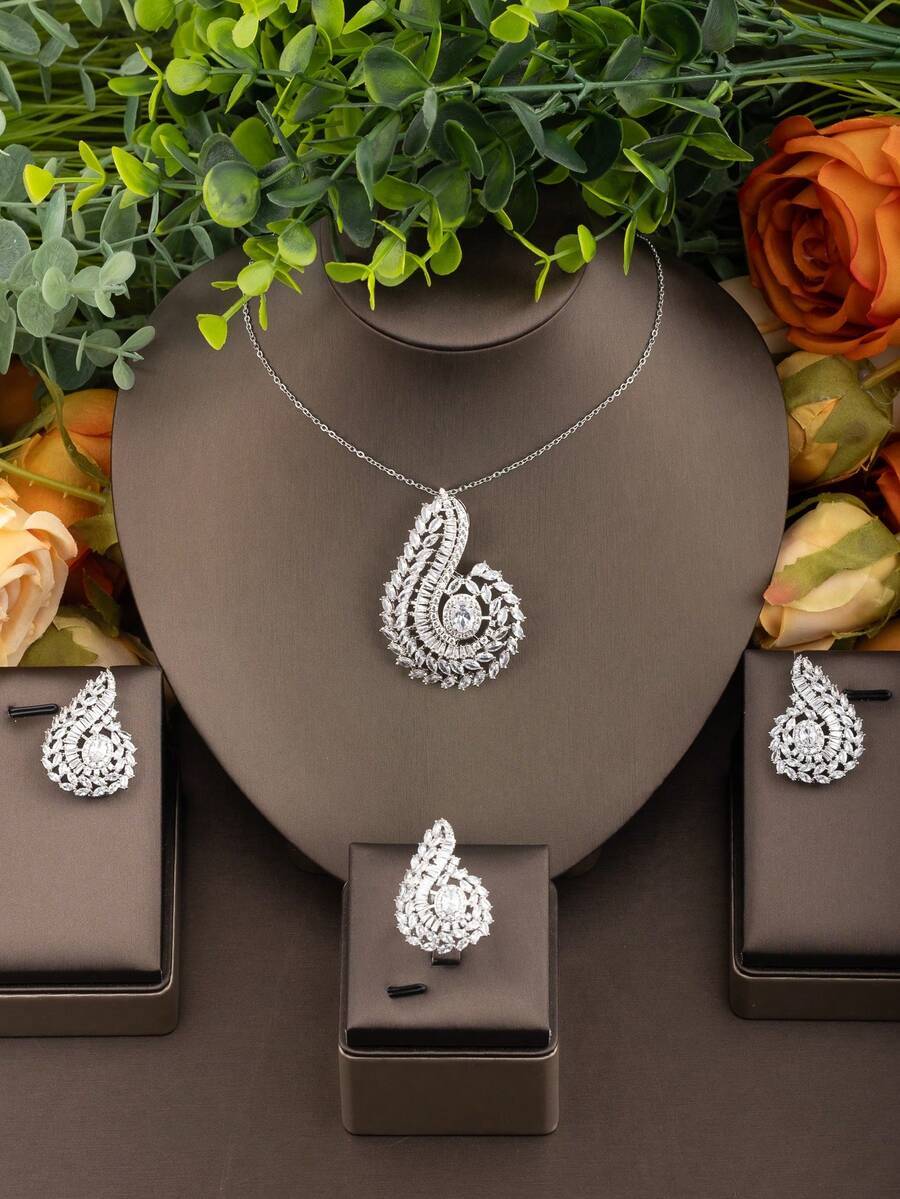 ジュエリー レディース セット 1セット キュービックジルコニア スワール ペンダントネックレス、ピアス、リングセット、女性のパー拍卖